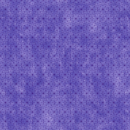 Fabric with a delicate allover geometric pattern of interlocking circles and starburst motifs on a mottled periwinkle-purple background.