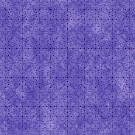Fabric with a delicate allover geometric pattern of interlocking circles and starburst motifs on a mottled periwinkle-purple background.