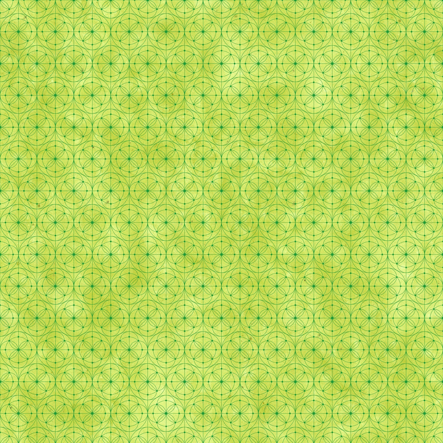  Fabric with a delicate allover geometric pattern of interlocking circles and starburst motifs on a vivid chartreuse-green background. 