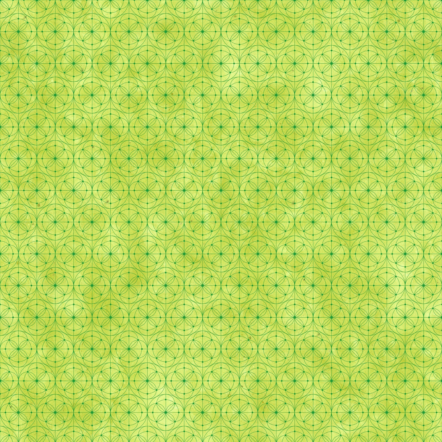  Fabric with a delicate allover geometric pattern of interlocking circles and starburst motifs on a vivid chartreuse-green background. 