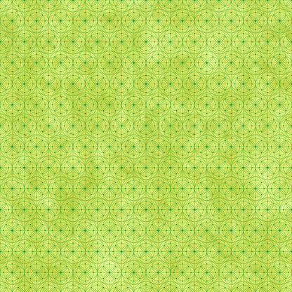  Fabric with a delicate allover geometric pattern of interlocking circles and starburst motifs on a vivid chartreuse-green background. 