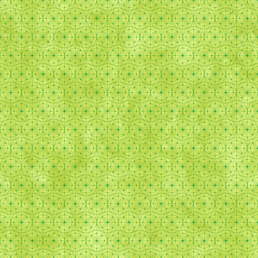  Fabric with a delicate allover geometric pattern of interlocking circles and starburst motifs on a vivid chartreuse-green background. 