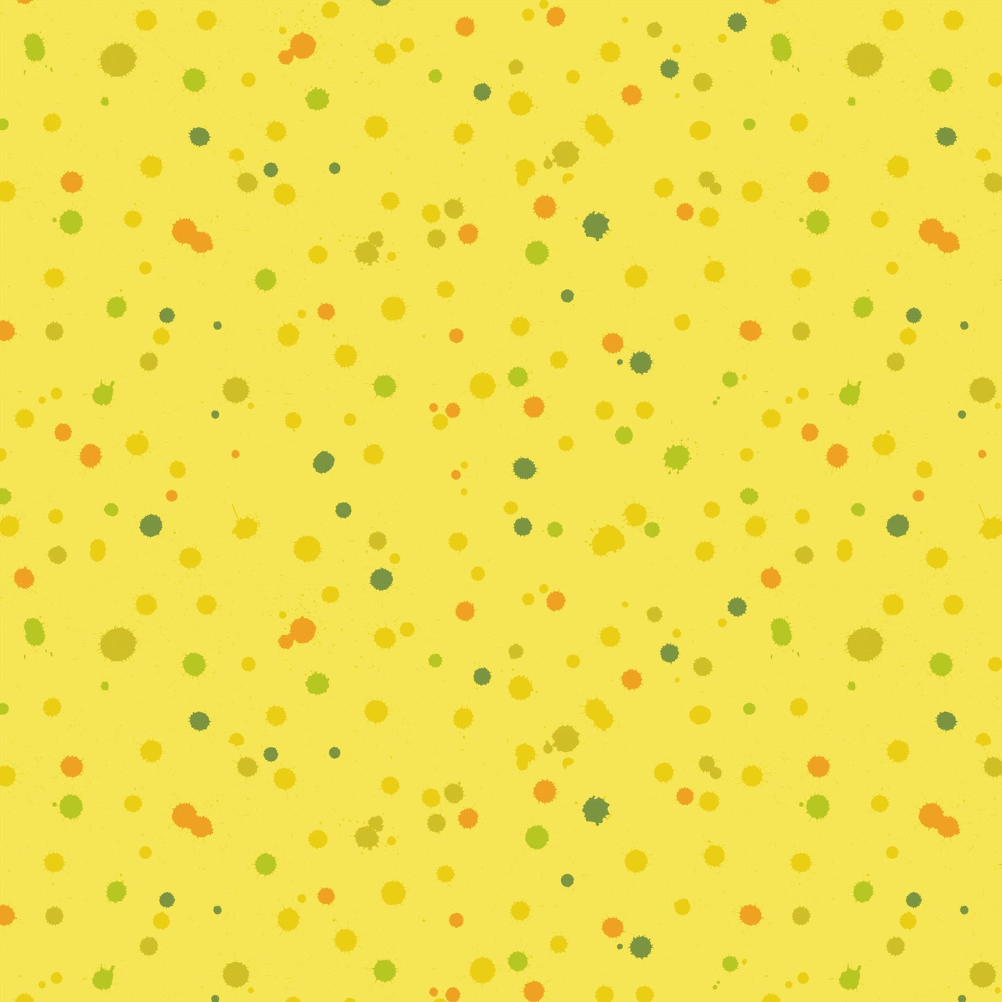 Fabric design of paint droplets in olive, orange, and chartreuse tones scattered across a warm, sunny yellow background.
