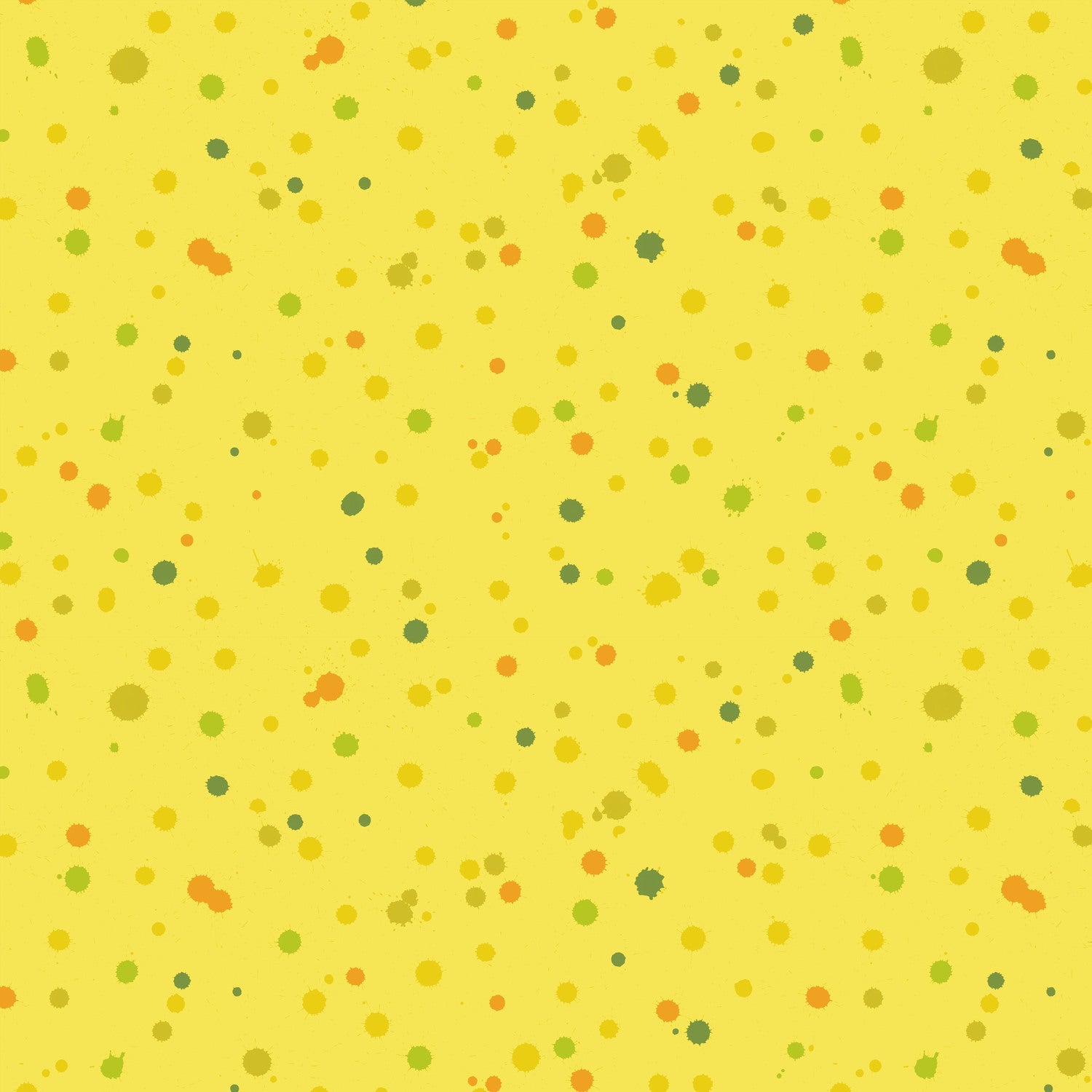 Fabric design of paint droplets in olive, orange, and chartreuse tones scattered across a warm, sunny yellow background.