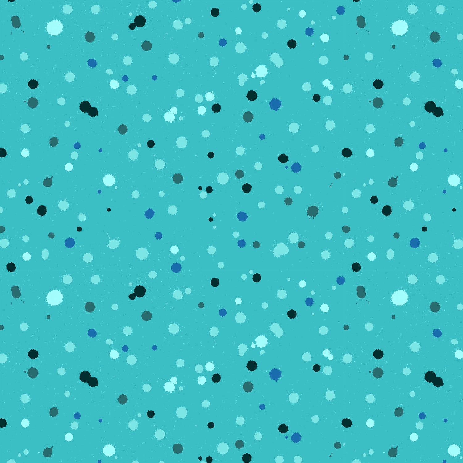 Fabric design with paint droplets in black, navy, and aqua tones splattered across a vivid turquoise background.