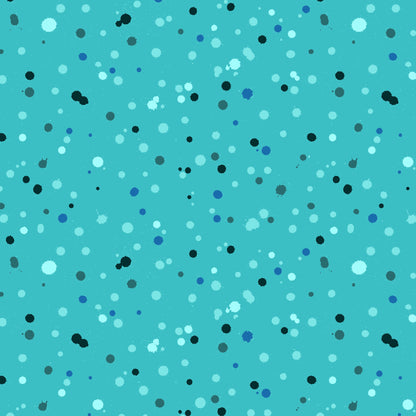 Fabric design with paint droplets in black, navy, and aqua tones splattered across a vivid turquoise background.
