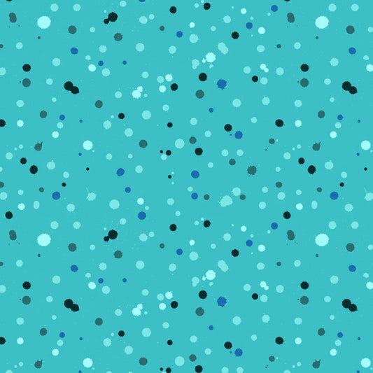 Fabric design with paint droplets in black, navy, and aqua tones splattered across a vivid turquoise background.