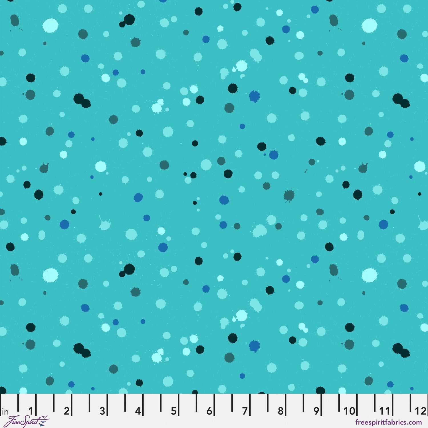 Fabric design with paint droplets in black, navy, and aqua tones splattered across a vivid turquoise background. Ruler at the bottom for scale.
