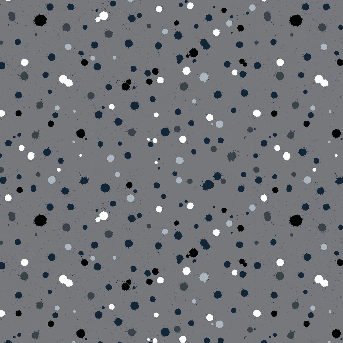 Fabric design with paint drops in black, white, and slate-grey tones scattered across a medium grey background. 
