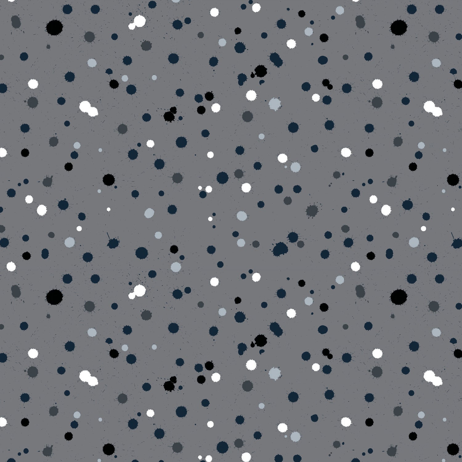 Fabric design with paint drops in black, white, and slate-grey tones scattered across a medium grey background. 