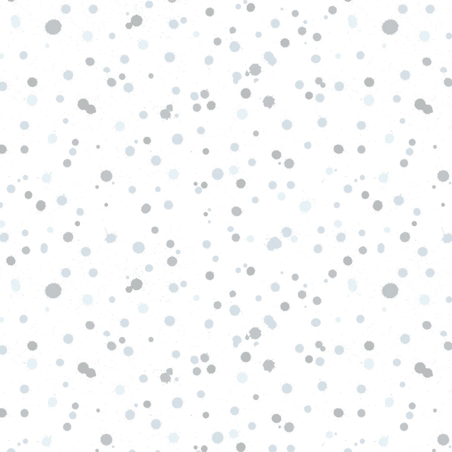 Fabric design of paint droplets in silver-grey and pale slate-blue tones scattered across a white background. 