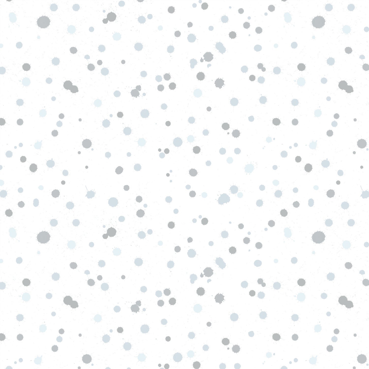 Fabric design of paint droplets in silver-grey and pale slate-blue tones scattered across a white background. 