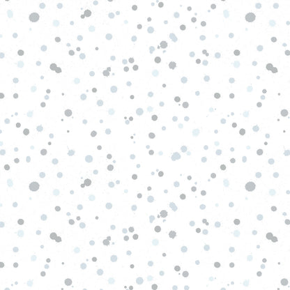 Fabric design of paint droplets in silver-grey and pale slate-blue tones scattered across a white background. 