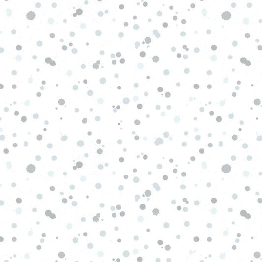 Fabric design of paint droplets in silver-grey and pale slate-blue tones scattered across a white background. 