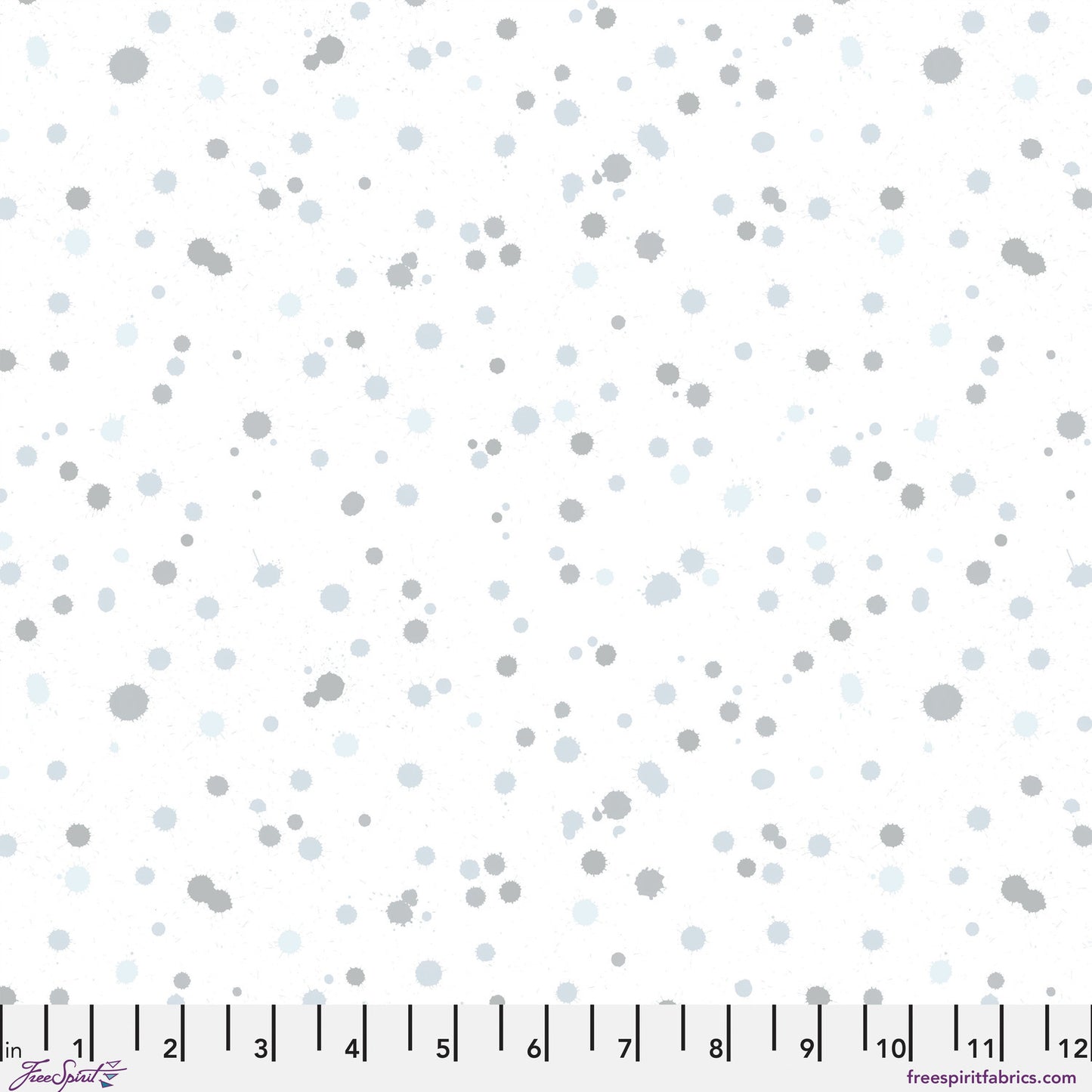 Fabric design of paint droplets in silver-grey and pale slate-blue tones scattered across a white background. Ruler at the bottom for scale.