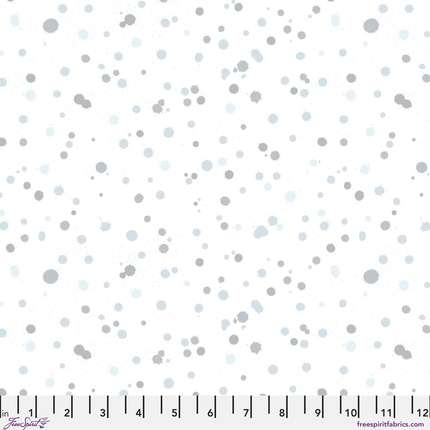 Fabric design of paint droplets in silver-grey and pale slate-blue tones scattered across a white background. Ruler at the bottom for scale.