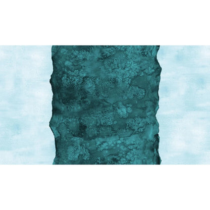 Abstract fabric pattern with a watercolor-like texture featuring a central stripe of dark teal and outer light, turquoise blue edges.