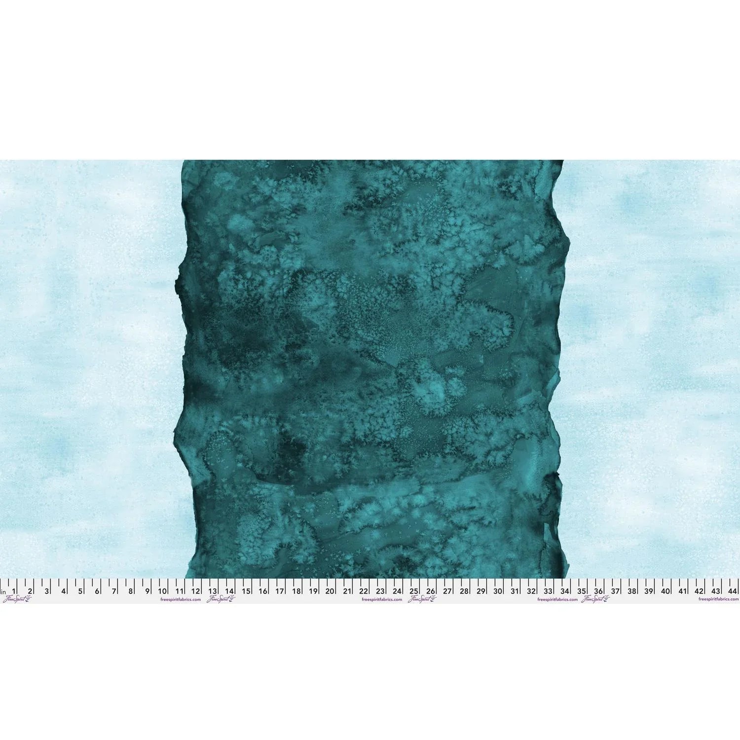 Abstract fabric pattern with a watercolor-like texture featuring a central stripe of dark teal and outer light, turquoise blue edges. Ruler at the bottom for scale.