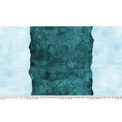 Abstract fabric pattern with a watercolor-like texture featuring a central stripe of dark teal and outer light, turquoise blue edges. Ruler at the bottom for scale.