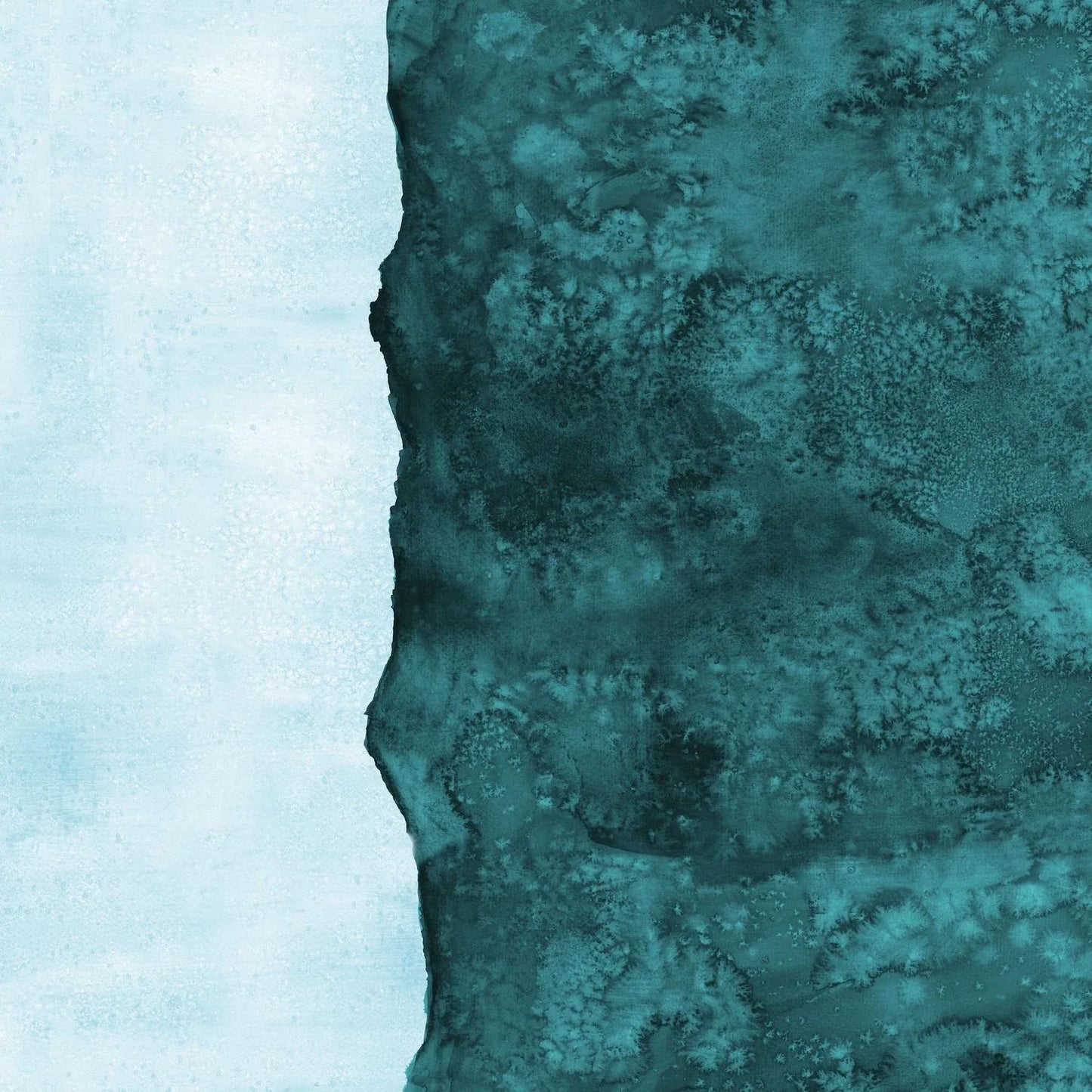 Abstract fabric pattern with a watercolor-like texture featuring dark teal and light, turquoise blue.