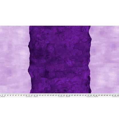 Abstract fabric pattern with a watercolor-like texture featuring a central stripe of dark violet and outer light, lavender purple edges. Ruler at the bottom for scale.