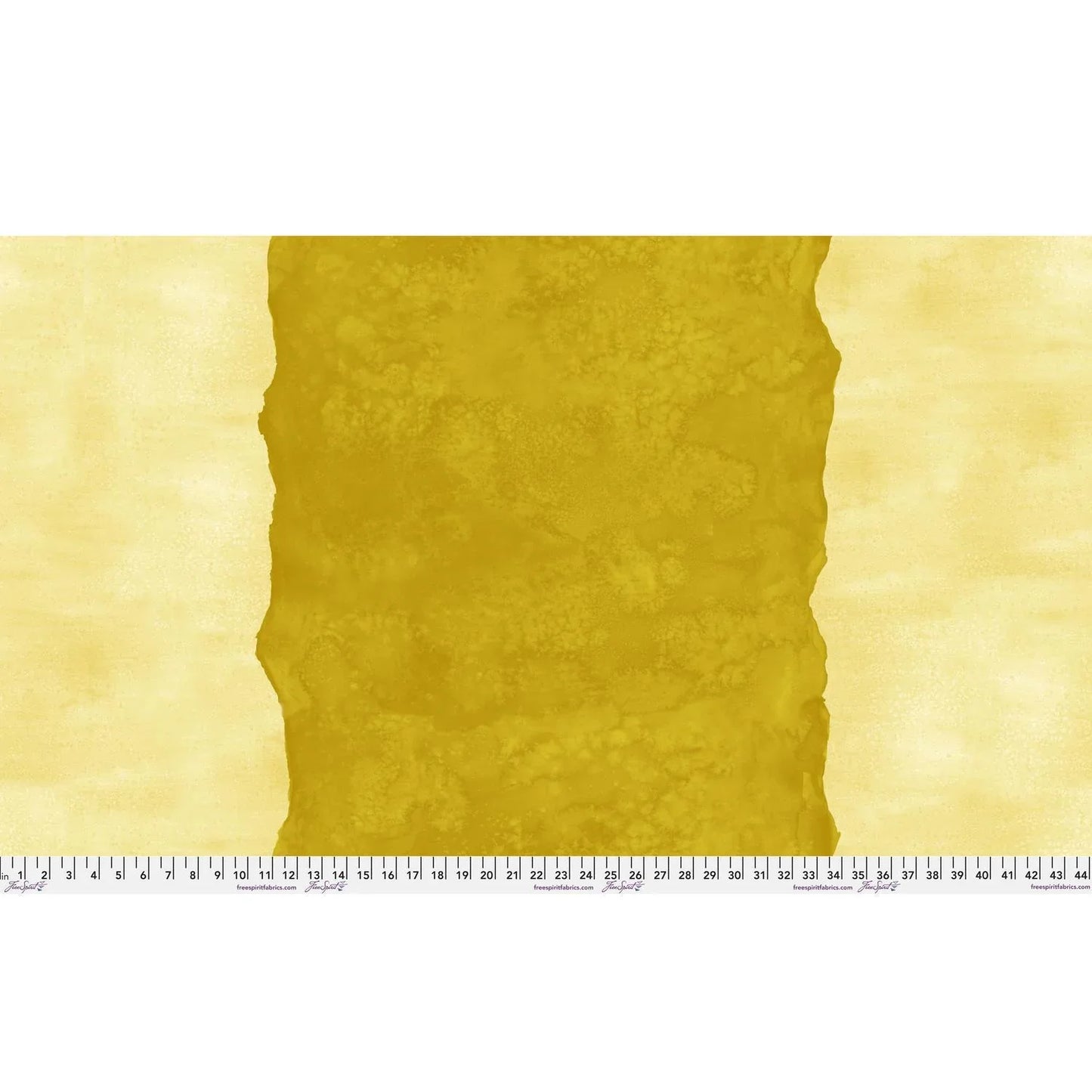 Abstract fabric pattern with a watercolor-like texture featuring a central stripe of lemon-yellow and a soft, buttery-cream background. Ruler at the bottom for scale.