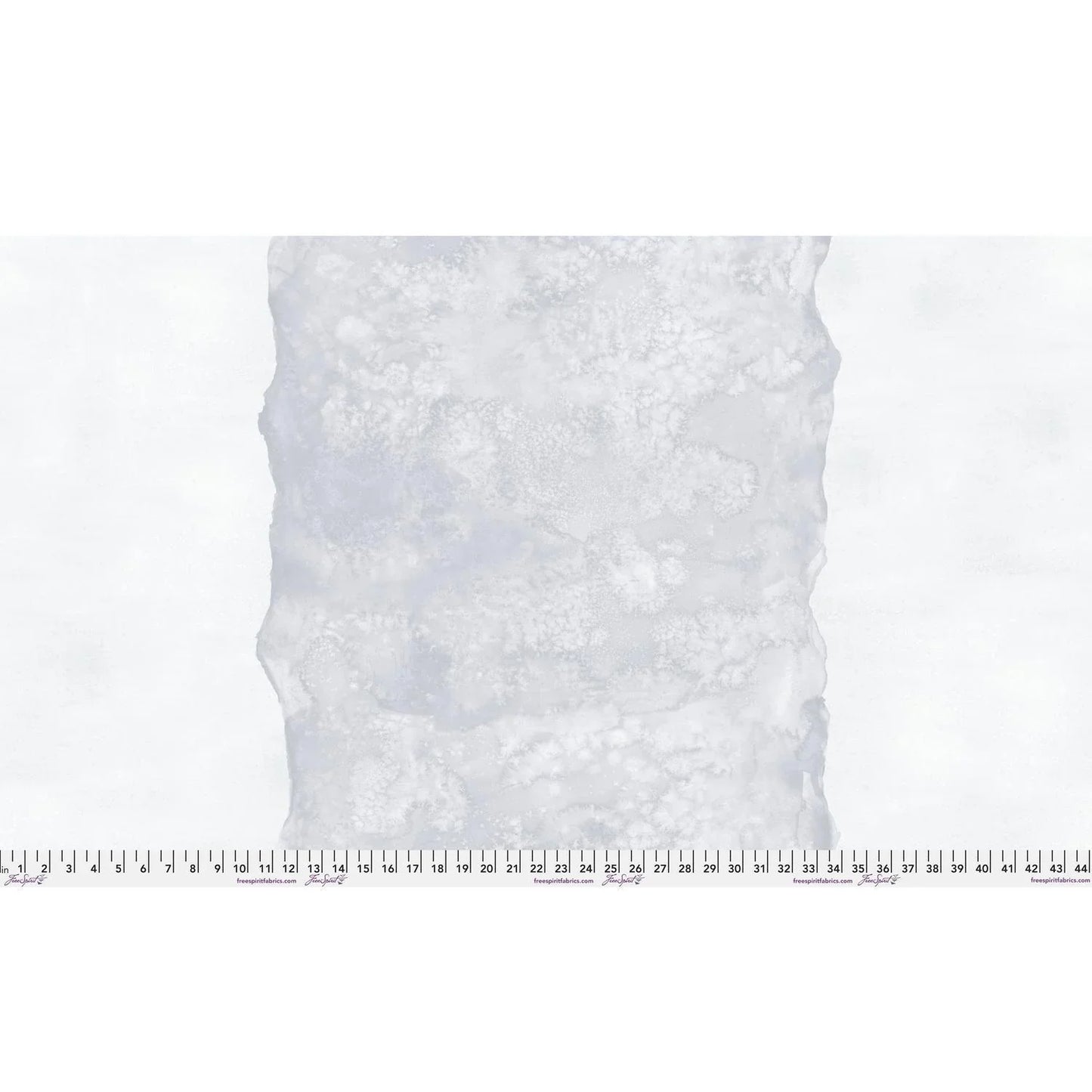 Abstract fabric pattern with a watercolor-like texture featuring a central stripe of silver-grey and outer icy white edges. Ruler at the bottom for scale.