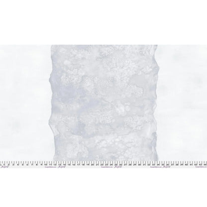 Abstract fabric pattern with a watercolor-like texture featuring a central stripe of silver-grey and outer icy white edges. Ruler at the bottom for scale.