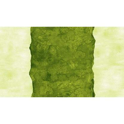 Abstract fabric pattern with a watercolor-like texture featuring a central stripe of dark emerald and outer light, lime green edges.