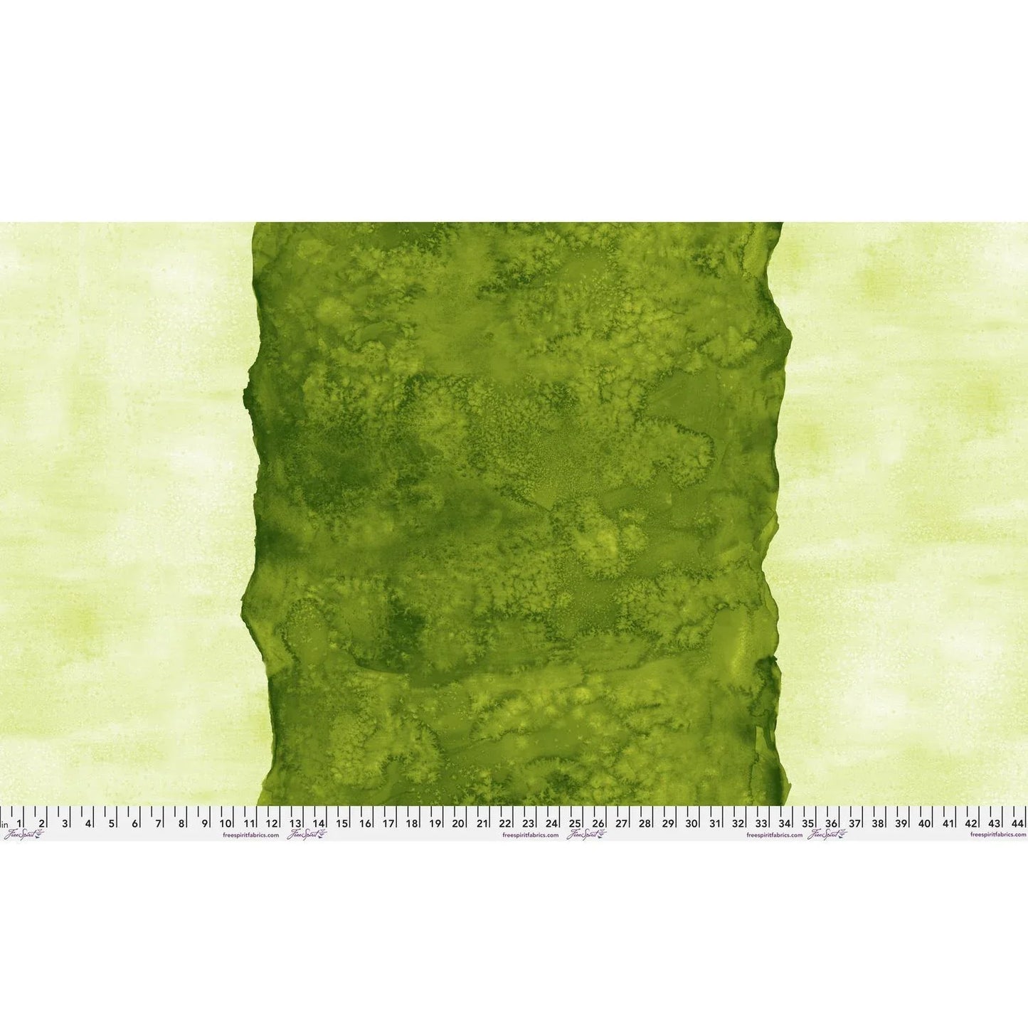 Abstract fabric pattern with a watercolor-like texture featuring a central stripe of dark emerald and outer light, lime green edges. Ruler at the bottom for scale.
