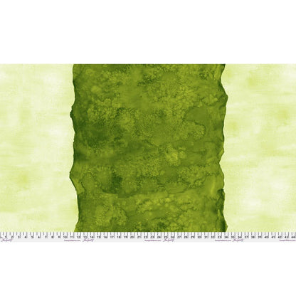 Abstract fabric pattern with a watercolor-like texture featuring a central stripe of dark emerald and outer light, lime green edges. Ruler at the bottom for scale.