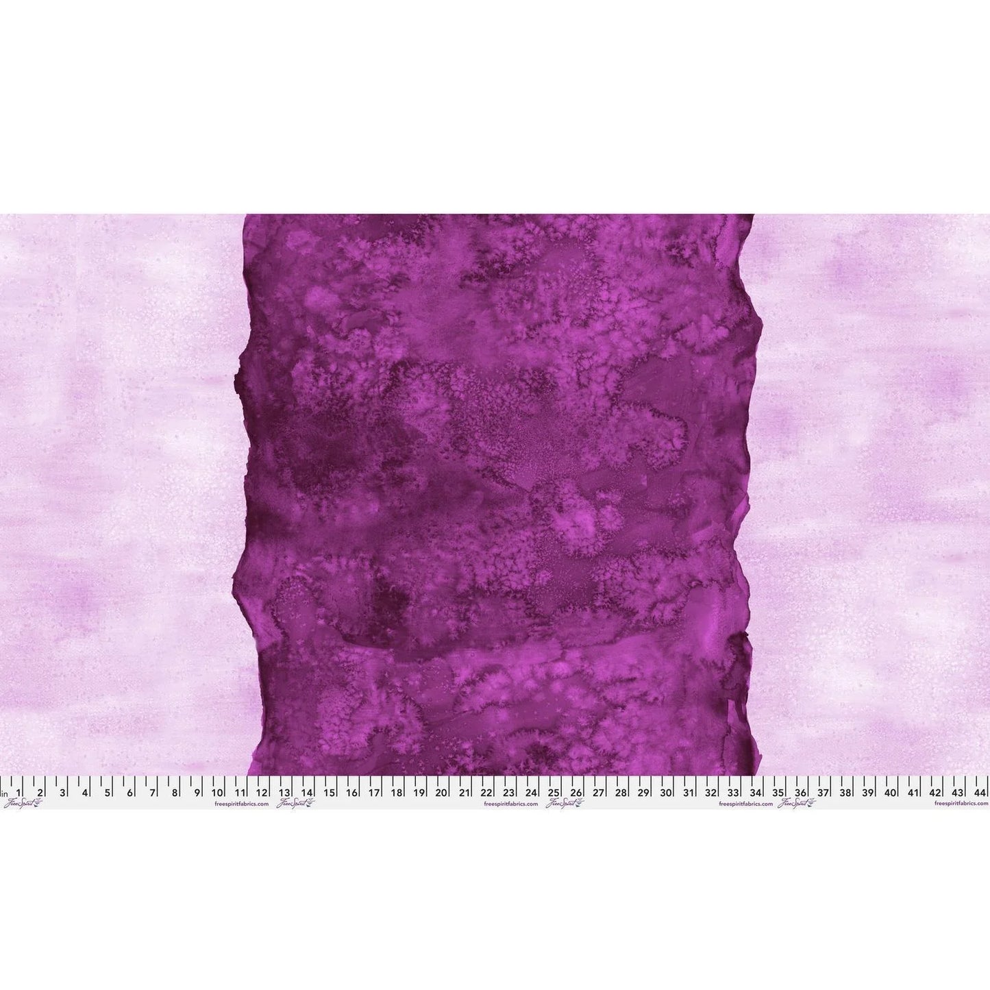 Abstract fabric pattern with a watercolor-like texture featuring a central stripe of dark magenta and outer light, raspberry pink edges. Ruler at the bottom for scale.