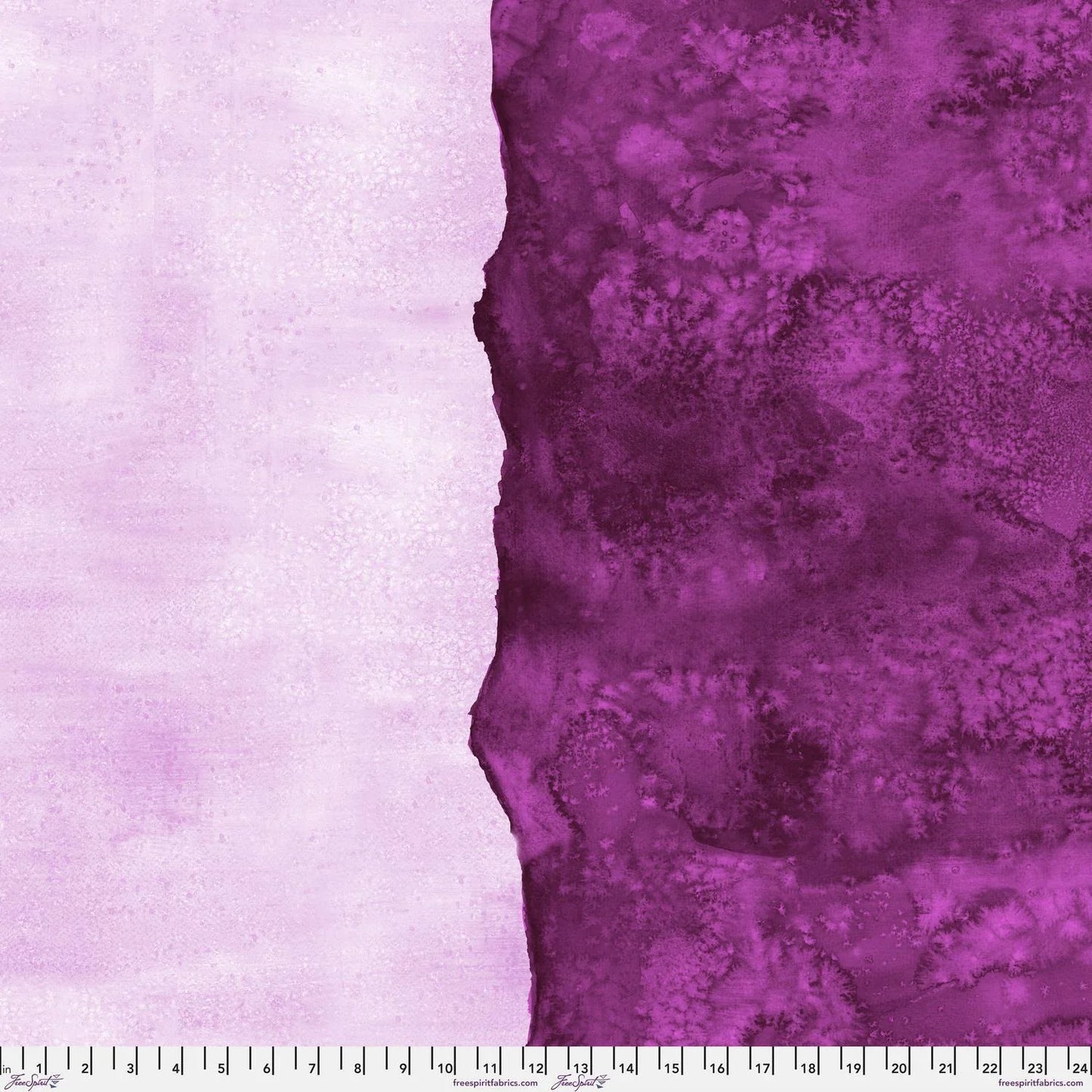 Abstract fabric pattern with a watercolor-like texture featuring dark magenta and light, raspberry pink. Ruler at the bottom for scale.