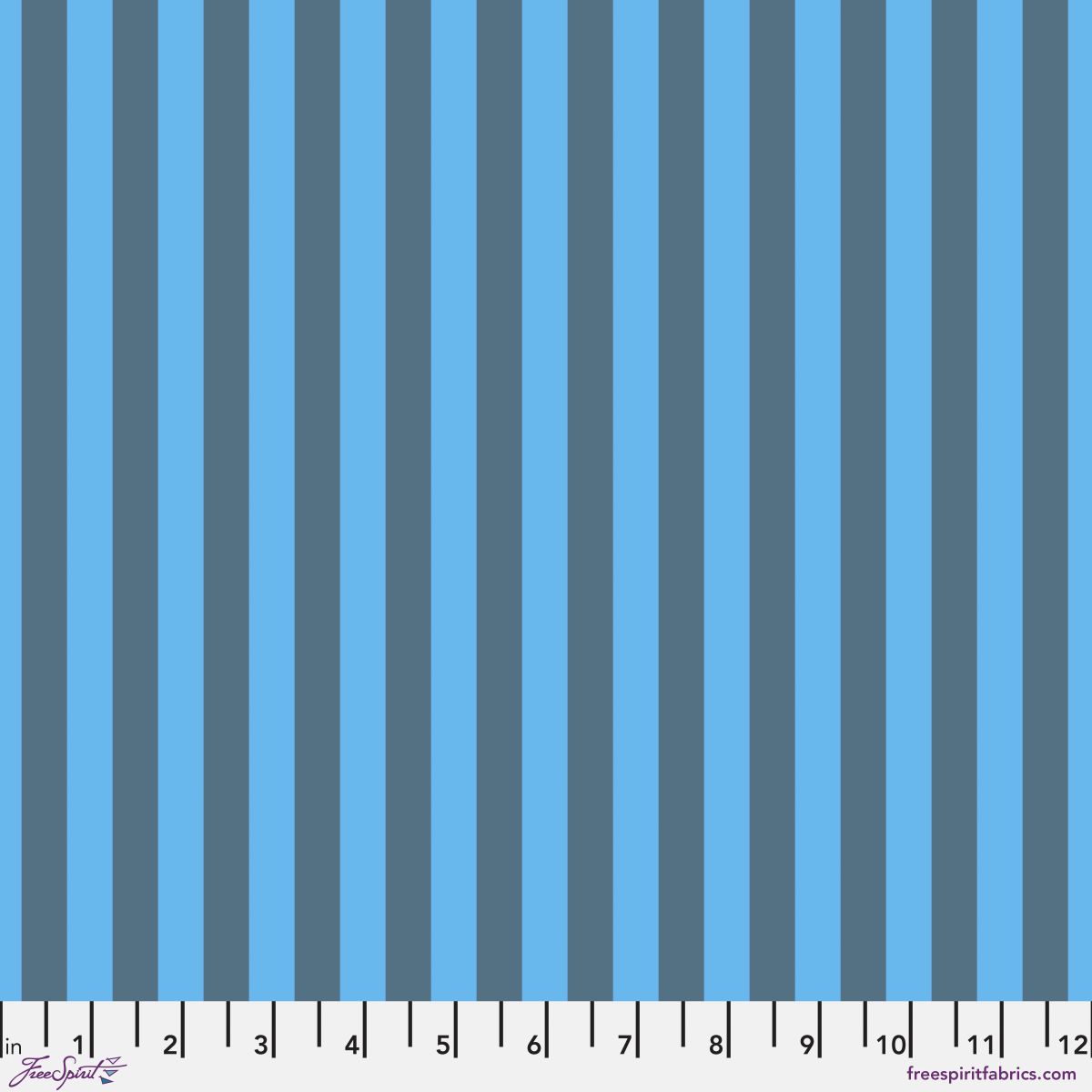 Neon Tent Stripe in Aura features alternating slate and cerulean blue stripes that run parallel to the selvage. 12 inch ruler at the bottom for scale