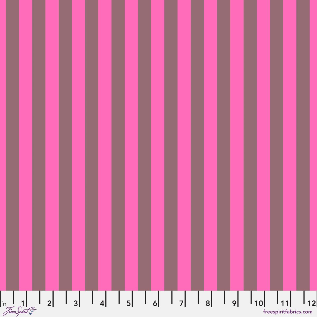 Neon Tent Stripe in Cosmic features alternating bright fuchsia and dusty magenta stripes that run parallel to the selvage. 12 inch ruler at the bottom for scale