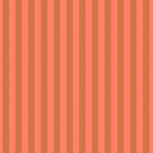 Neon Tent Stripe in Lunar features alternating salmon and coral stripes that run parallel to the selvage.