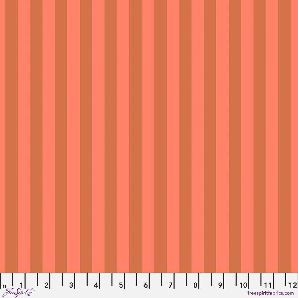 Neon Tent Stripe in Lunar features alternating salmon and coral stripes that run parallel to the selvage. 12 inch ruler at the bottom for scale