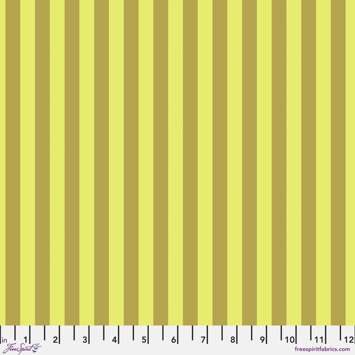 Neon Tent Stripe in Moon Beam features alternating yellow and gold stripes that run parallel to the selvage. 12 inch ruler at the bottom for scale