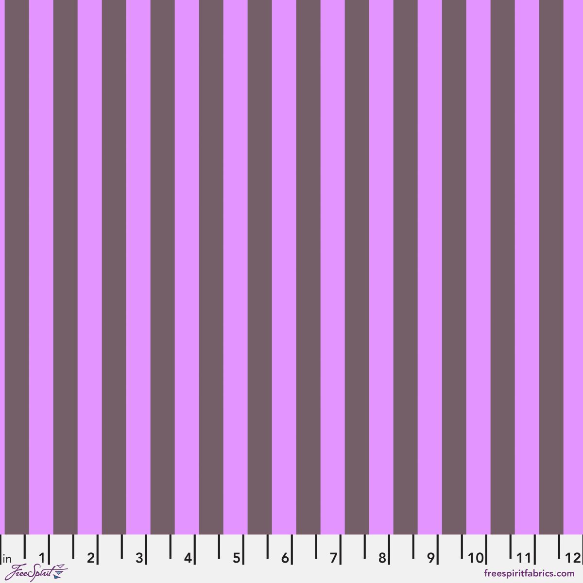 Neon Tent Stripe in Mystic features alternating lavender and eggplant stripes that run parallel to the selvage. 12 inch ruler at the bottom for scale