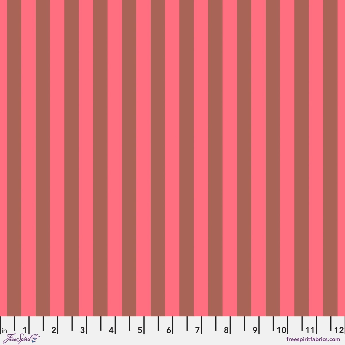 Neon Tent Stripe in Nova features alternating strawberry and crimson stripes that run parallel to the selvage. 12 inch ruler at the bottom for scale