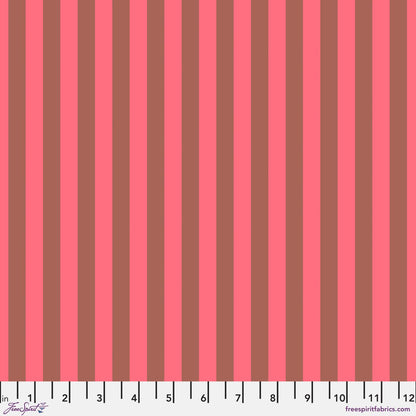 Neon Tent Stripe in Nova features alternating strawberry and crimson stripes that run parallel to the selvage. 12 inch ruler at the bottom for scale