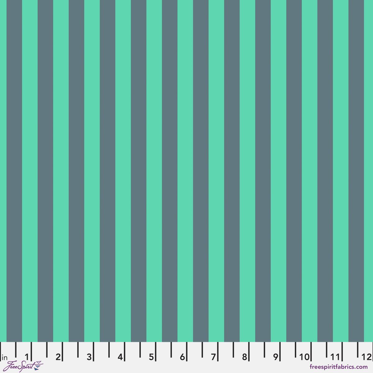 Neon Tent Stripe in Spirit features alternating teal and jade stripes that run parallel to the selvage. 12 inch ruler at the bottom for scale