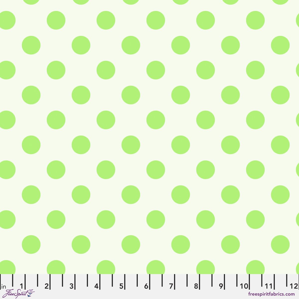 Neon Pom Poms in Karma features large lime green dots on a light dusty green background. 12 inch ruler at the bottom for scale