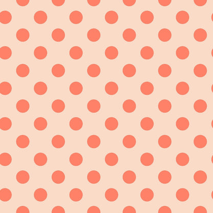 Neon Pom Poms in Lunar features large coral dots on a light dusty apricot background.