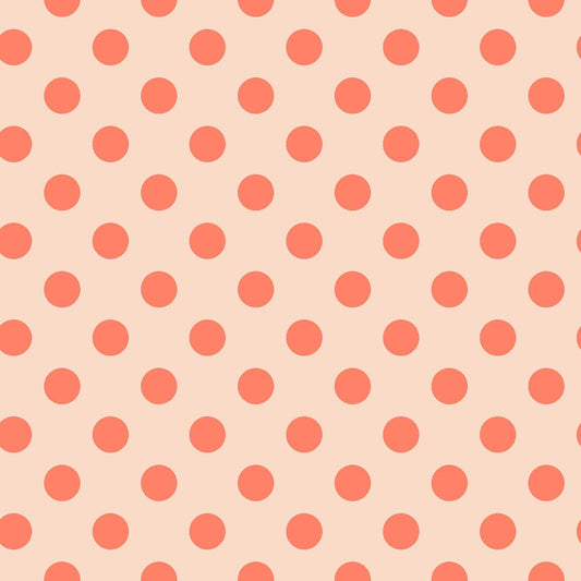 Neon Pom Poms in Lunar features large coral dots on a light dusty apricot background.