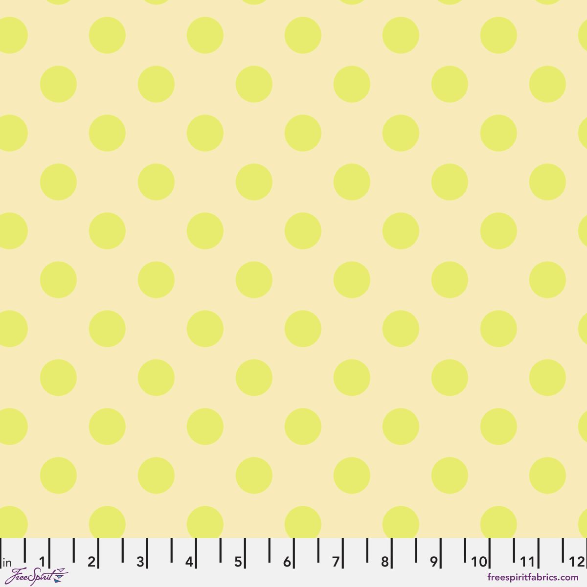 Neon Pom Poms in Moon Beam features large bright yellow dots on a light lemon background. 12 inch ruler at the bottom for scale