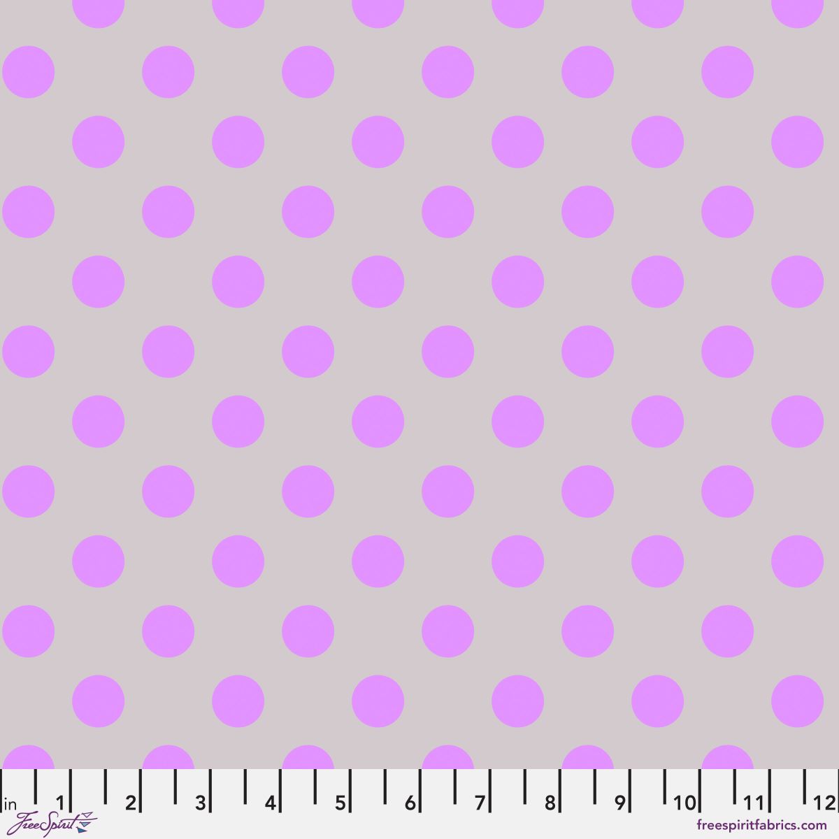 Neon Pom Poms in Mystic features large purple dots on a dusty lavender-grey background. 12 inch ruler at the bottom for scale