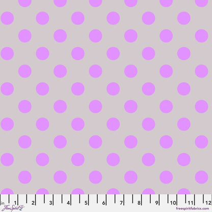 Neon Pom Poms in Mystic features large purple dots on a dusty lavender-grey background. 12 inch ruler at the bottom for scale