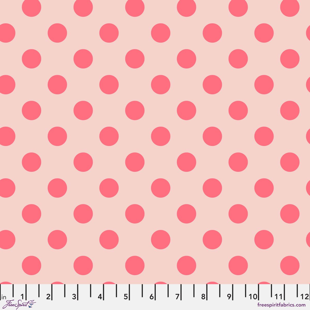 Neon Pom Poms in Nova features large strawberry-red dots on a dusty rose background. 12 inch ruler at the bottom for scale