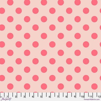 Neon Pom Poms in Nova features large strawberry-red dots on a dusty rose background. 12 inch ruler at the bottom for scale